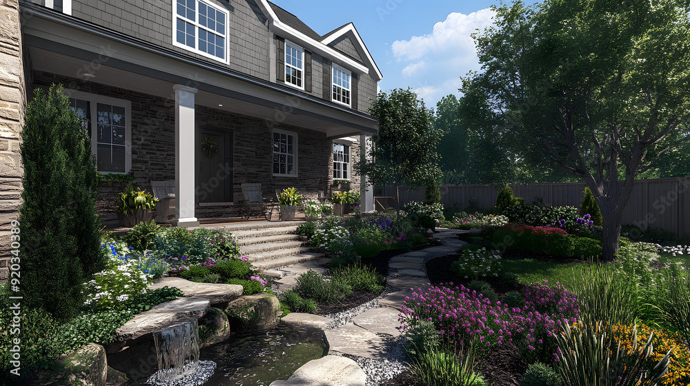 Close-Up of a Pristine Landscaped Garden with Blossoming Flowers and Water Feature in Front of a Modern New Home. Close-Up of a Pristine Landscaped Garden with Blossoming Flowers and Water Feature in Front of a Modern New Home.