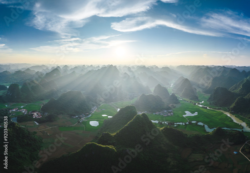 Aerial view of Phong Nam valley with rice field and karst mountain in Cao Bang, Vietnam photo