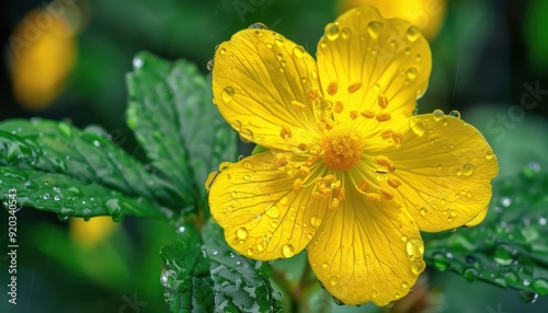 Yellow flower with droplets on petals surrounded by lush green leaves after a rain shower