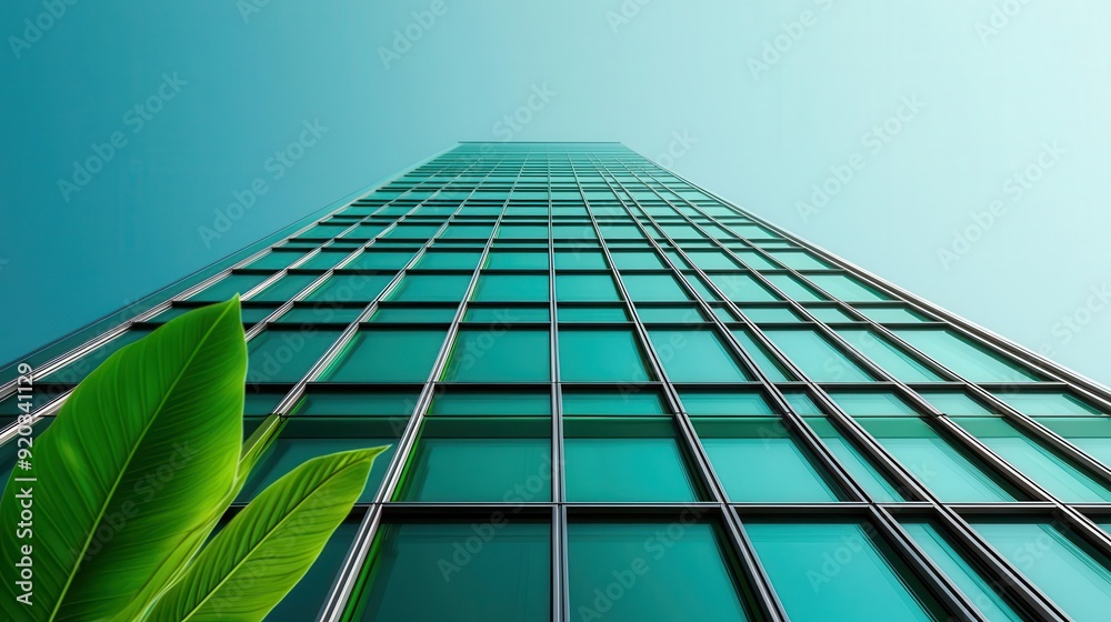 Futuristic green glass building, eco-friendly design, sustainable urban living