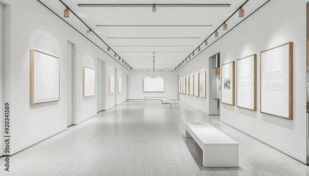 Modern art gallery featuring minimalist artwork in a bright, spacious setting Modern art gallery featuring minimalist artwork in a bright, spacious setting