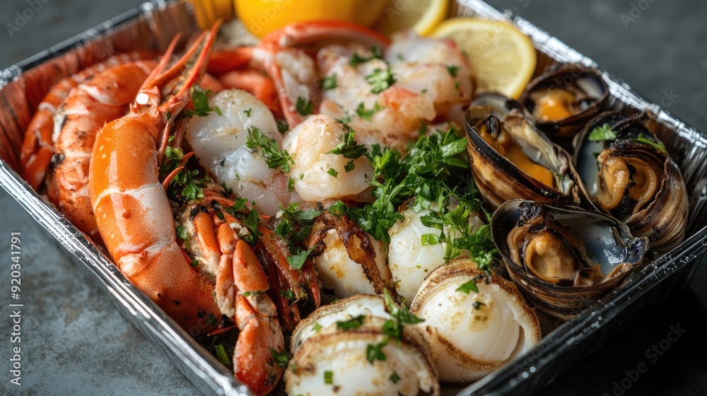 Shellfish takeaway food collection. Generative AI Shellfish takeaway food collection. Generative AI