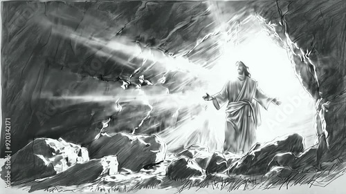 Detailed Artistic Depiction of the Resurrection of Jesus Christ, Capturing the Divine and Holy Moment of His Rising black white draw animation -- 4k new stock video footage AI