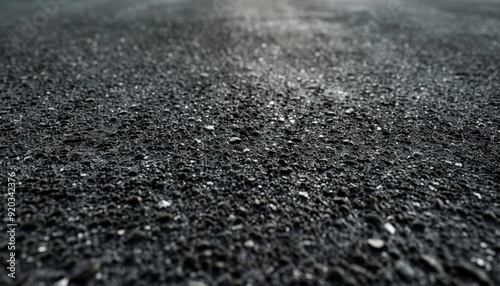 Close-up view of a textured asphalt road surface with water droplets after a rainfall