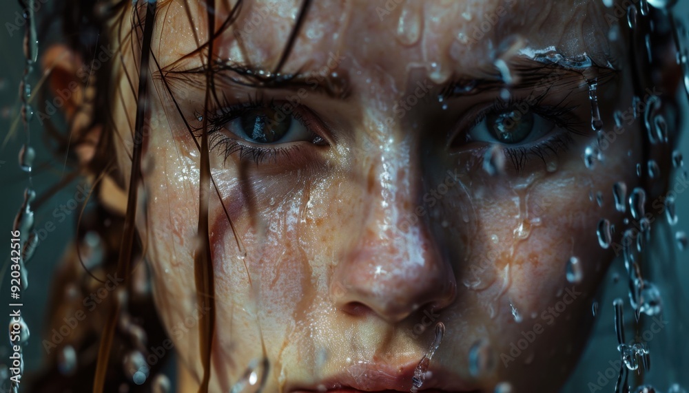 A close-up of a person with water droplets on their face, capturing an emotional moment at dusk A close-up of a person with water droplets on their face, capturing an emotional moment at dusk
