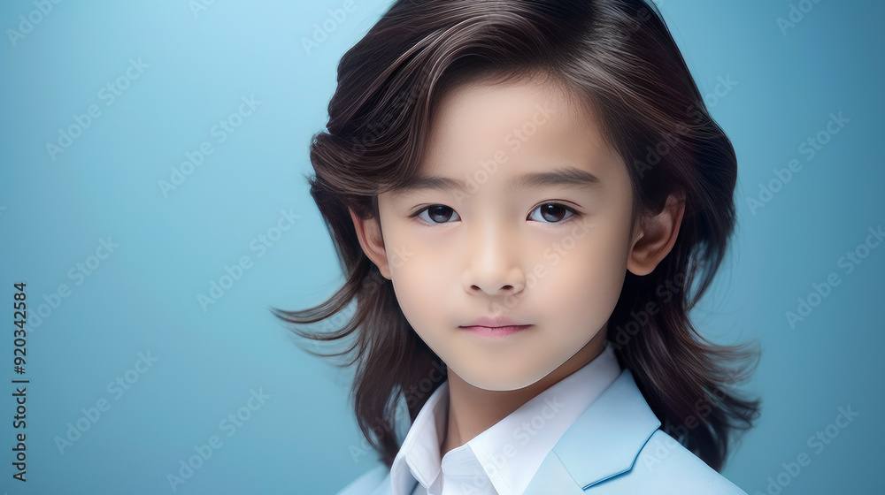 Portrait of a cute handsome happy Asian boy child with long hair and perfect skin, light blue background, banner. Portrait of a cute handsome happy Asian boy child with long hair and perfect skin, light blue background, banner.