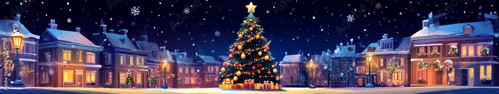 Fototapeta premium Breathtaking Arctic Landscape with a Majestic Christmas Tree at Center Stage on a Christmas Night
