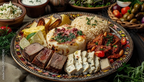 Delicious spread of Middle Eastern cuisine featuring grilled meats, rice, and fresh vegetables