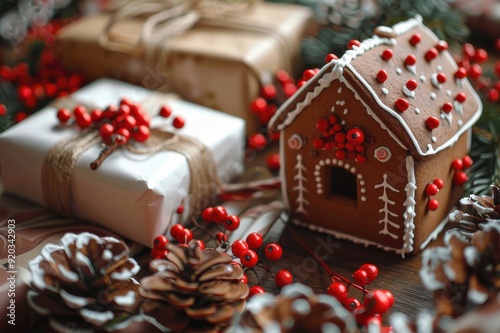 クリスマスをイメージしたジンジャーブレッドハウス（クリスマスリース・ハンドメイド・クリスマス・手作りお菓子・松ぼっくり・リボン・冬） photo