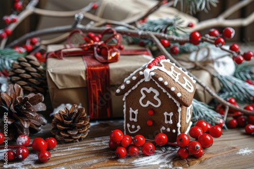 クリスマスをイメージしたジンジャーブレッドハウス（クリスマスリース・ハンドメイド・クリスマス・手作りお菓子・松ぼっくり・リボン・冬） photo