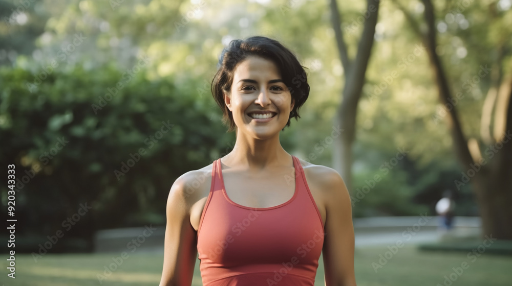 Portrait of a woman wearing yoga attire, and smiling as she stands outside on a lush green lawn at a Parisian park doing a morning workout, surrounded by trees and plants. Portrait of a woman wearing yoga attire, and smiling as she stands outside on a lush green lawn at a Parisian park doing a morning workout, surrounded by trees and plants.