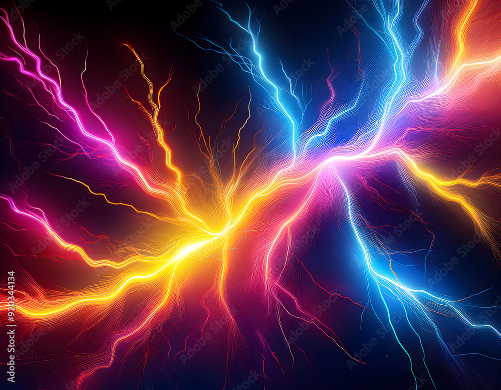 an abstract visual featuring neon lightning bolts in electric yellow, blue, and pink, striking against a dark backdrop. The scene should convey a sense of raw energy and power, with the neon hues crea an abstract visual featuring neon lightning bolts in electric yellow, blue, and pink, striking against a dark backdrop. The scene should convey a sense of raw energy and power, with the neon hues crea