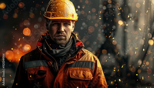 Worker in safety gear stands amidst sparks in a dim industrial setting during evening hours