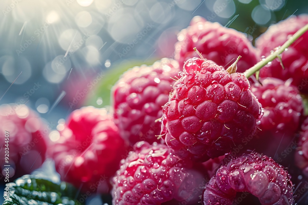 Macro shot of fresh, dew-covered raspberries. Raspberry banner. Raspberry background. Macro shot of fresh, dew-covered raspberries. Raspberry banner. Raspberry background.