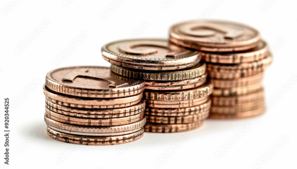 Stacked coins arranged neatly on a white surface showcasing currency details Stacked coins arranged neatly on a white surface showcasing currency details