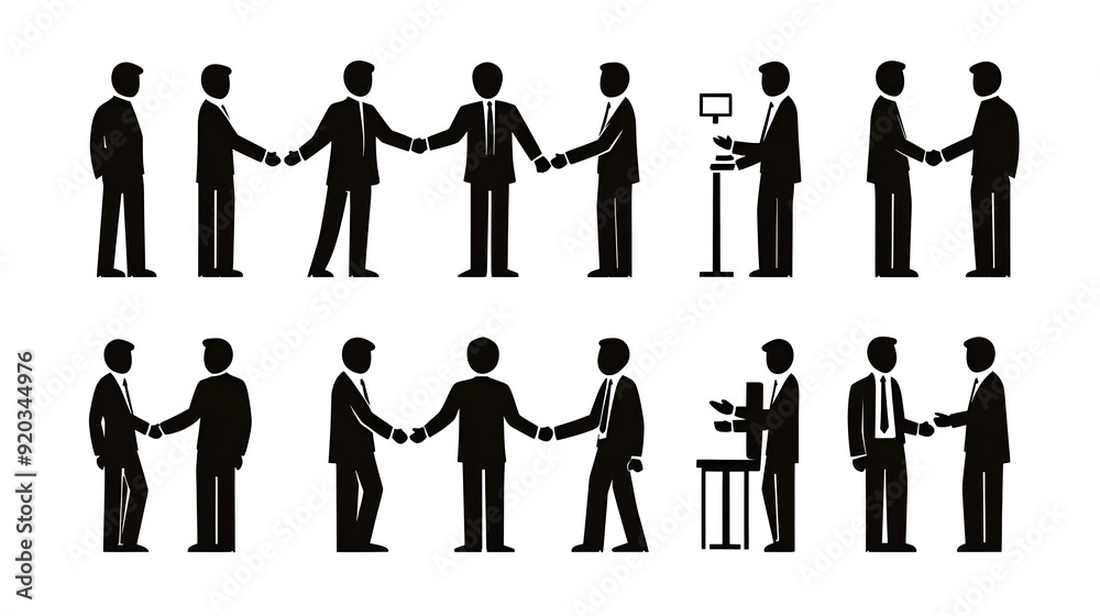 Silhouette illustrations of business people shaking hands and engaging in discussions.
