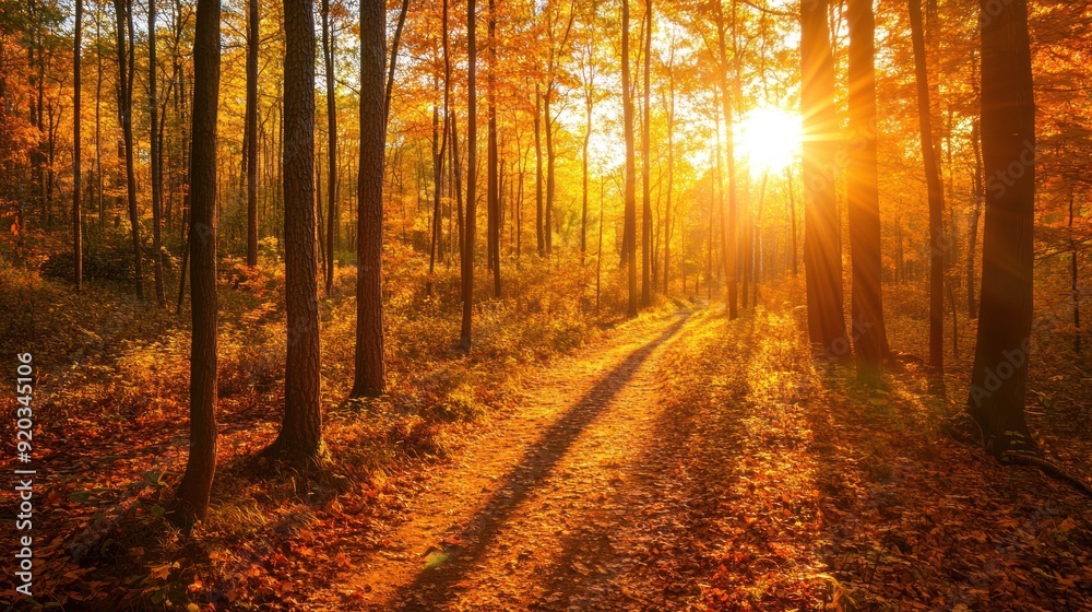 Golden Sunlight Illuminating a Path Through an Autumn Forest Golden Sunlight Illuminating a Path Through an Autumn Forest