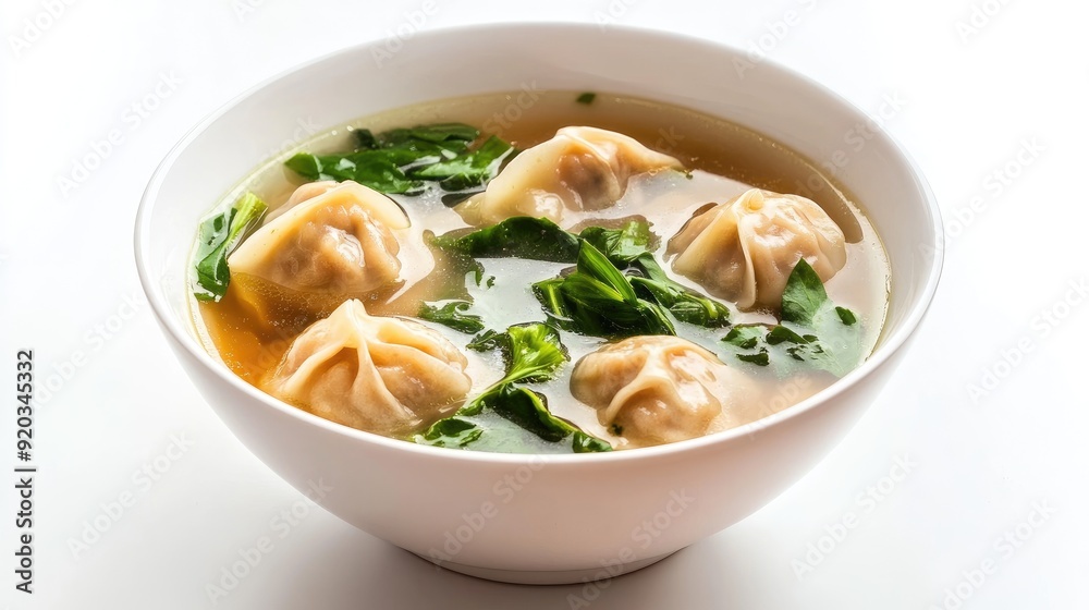 Wanton Soup Broth Dumplings Greens Background. Generative AI Wanton Soup Broth Dumplings Greens Background. Generative AI