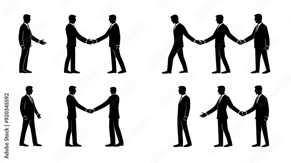 Four illustrations of business people shaking hands, symbolizing agreement and partnership.