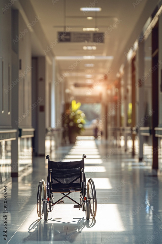 Obraz premium Empty wheelchair in indoor hospital corridor. Recovery, disability, support care medical mobility health service in lobby concept. Vertical poster