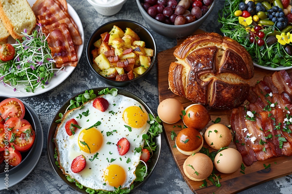 Brunch spread with a variet of dishes pastries. Village Breakfast with pastries, vegetables, greens, spreads, cheeses, fried eggs, jams.
