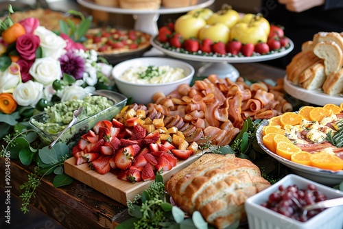 Brunch spread with a variet of dishes pastries. Village Breakfast with pastries, vegetables, greens, spreads, cheeses, fried eggs, jams. 