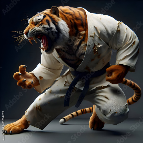 A tiger, dressed in a karate gi, is mid-sprint, roaring with intensity. Its powerful muscles and sharp claws are on full display, suggesting a fierce and formidable creature. photo