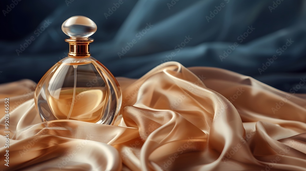 Perfume Bottle with Flowing Fabric: A luxurious perfume bottle with elegant fabric flowing around it.
