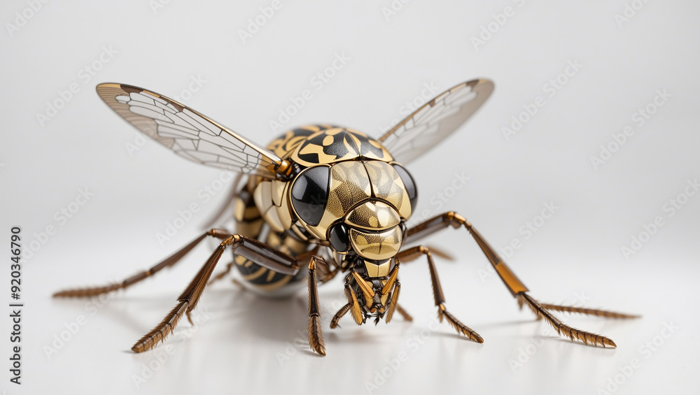 a yellow and black insect with large transparent wings. It has a prominent head with two large eyes. a yellow and black insect with large transparent wings. It has a prominent head with two large eyes.