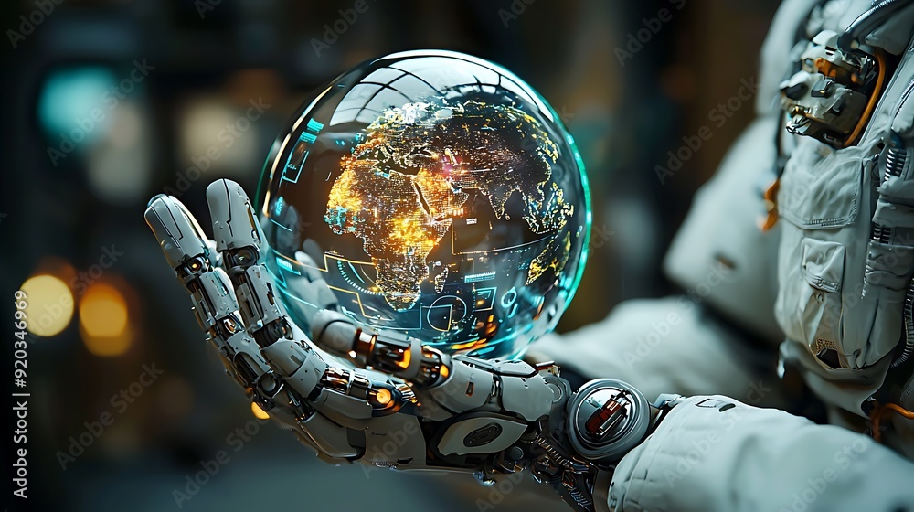 An AI-powered robot holding a glowing holographic world, symbolizing the future of global connectivity An AI-powered robot holding a glowing holographic world, symbolizing the future of global connectivity