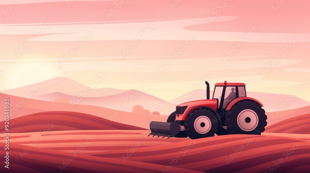 A tractor plowing a field, simplistic and clean, 2D vector, minimal detail, soft gradients A tractor plowing a field, simplistic and clean, 2D vector, minimal detail, soft gradients