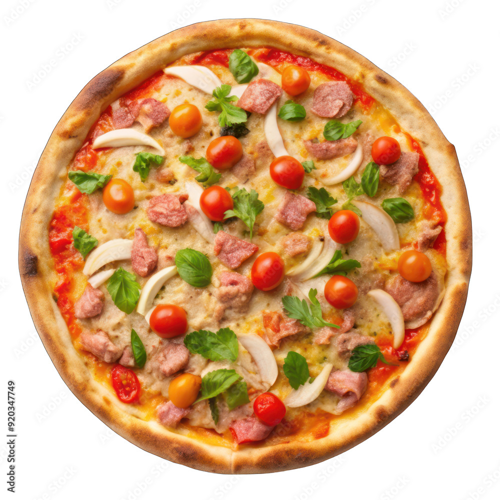 Italian tuna pizza photographed from above, fast food on transparent background Italian tuna pizza photographed from above, fast food on transparent background