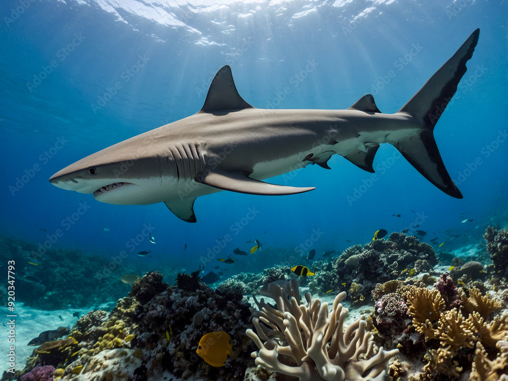 Fototapeta premium Tiger Shark Gliding Through Coral Reef