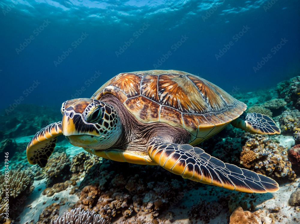 Obraz premium Majestic Sea Turtle Gliding Through Coral Reef