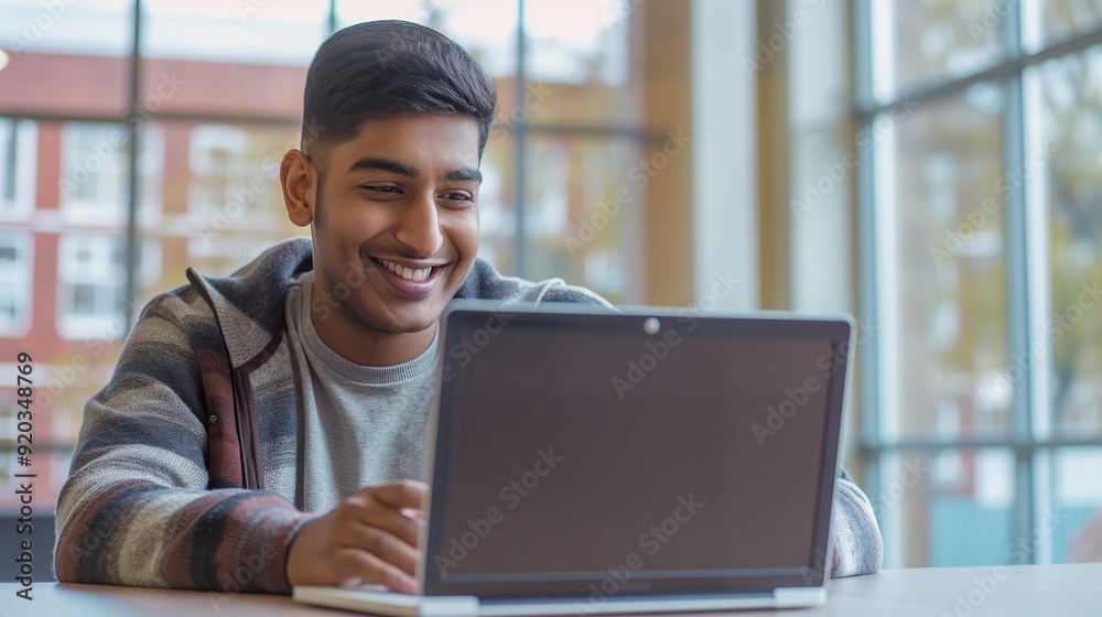 Happy Young Indian Man Smiling While Working on Laptop in Bright Office Setting Happy Young Indian Man Smiling While Working on Laptop in Bright Office Setting