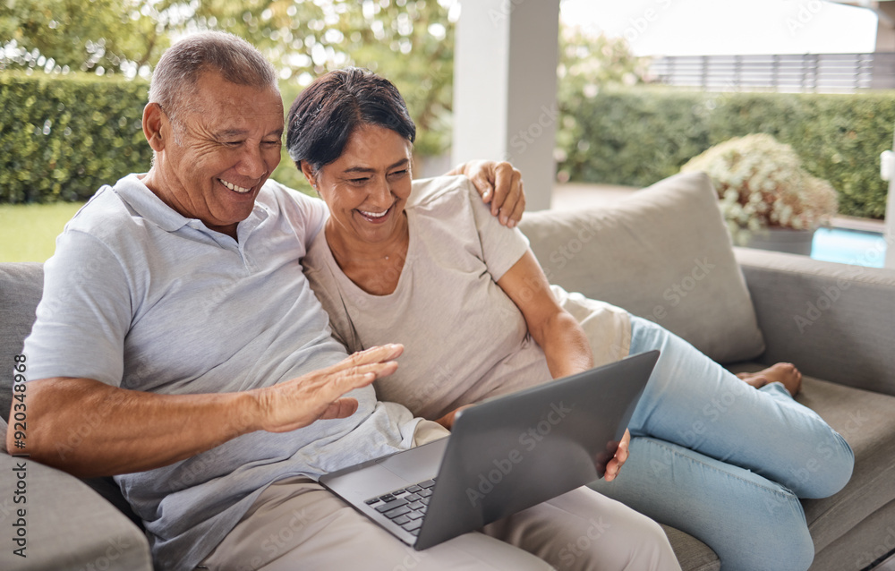 Senior couple, video call and laptop on home patio with greeting, internet and wave for online talk. Hug, relax and happy people together with website and digital communication with care and hello Senior couple, video call and laptop on home patio with greeting, internet and wave for online talk. Hug, relax and happy people together with website and digital communication with care and hello