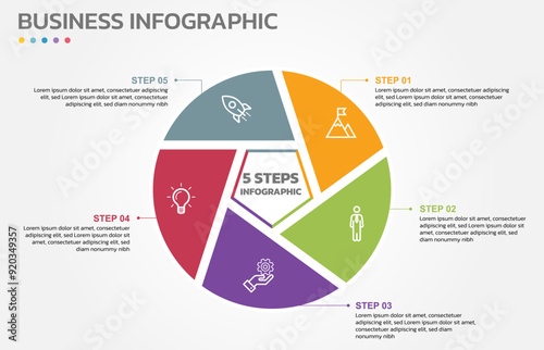 Visual data presentation. Cycle diagram with 5 options. Pie Chart Circle infographic template with 5 steps, options, parts, segments. Business concept. Marketing infographic vector illustration.