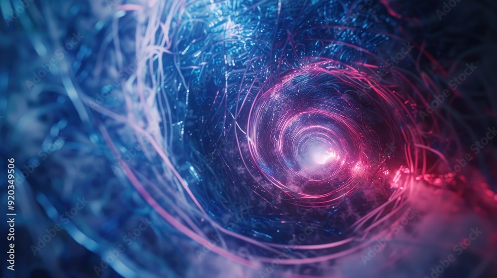 Abstract swirling neon light tunnel with pink and blue glowing lines and smoke. Abstract swirling neon light tunnel with pink and blue glowing lines and smoke.