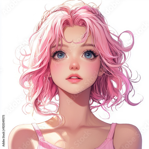 portrait of anime girl in close-up. Anime girl with beautiful pink hair is smiling happily. Bright colorful abstract background. girl smiles and laughs