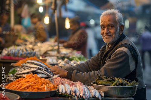 Indian Fish Market Vendor Selling Fresh Seafood at a Bustling Outdoor Market photo