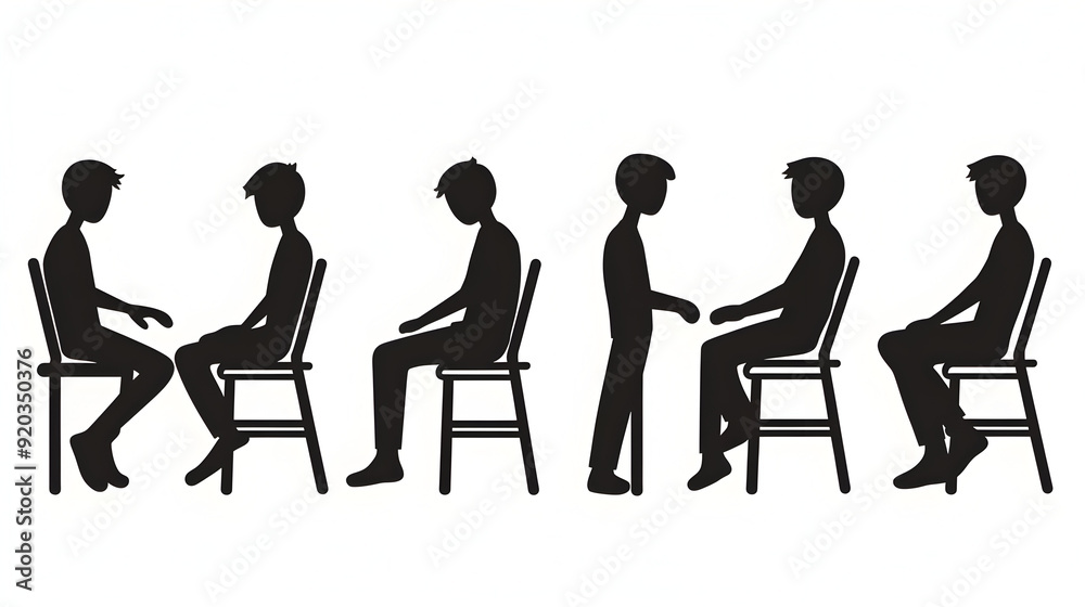 Silhouette illustration of people in seated conversations and interactions. Silhouette illustration of people in seated conversations and interactions.