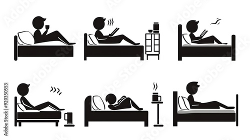 Six illustrated scenes of a person in various relaxing positions on a bed.