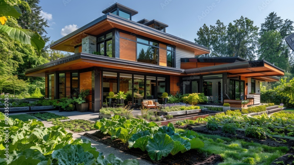 Modern house with large windows and lush garden. Sunlight bathes the home's exterior. Modern house with large windows and lush garden. Sunlight bathes the home's exterior.