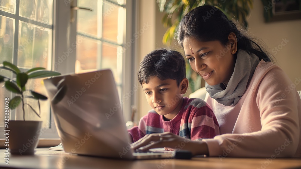 Indian Mother and Child Learning Together on a Computer at Home in a Bright Room Indian Mother and Child Learning Together on a Computer at Home in a Bright Room