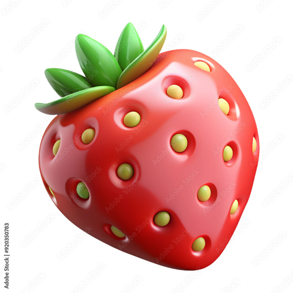 Obraz premium A glossy, red 3D strawberry with green leaves on top. The strawberry is stylized with a shiny surface and cartoon-like appearance, making it visually appealing and playful