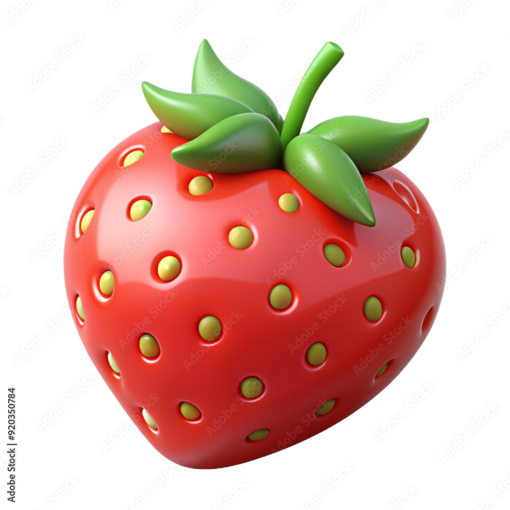Obraz premium A glossy, red 3D strawberry with green leaves on top. The strawberry is stylized with a shiny surface and cartoon-like appearance, making it visually appealing and playful