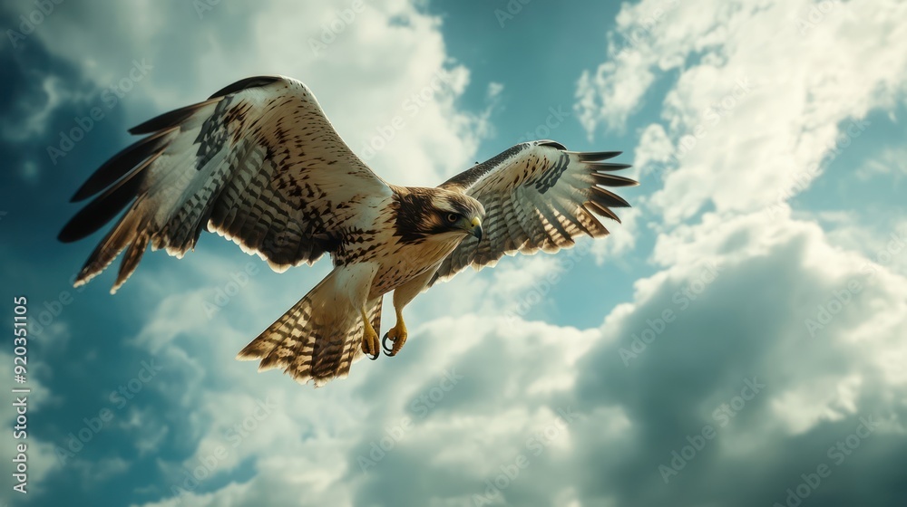 Obraz premium Hawk Soaring Through Cloudy Sky