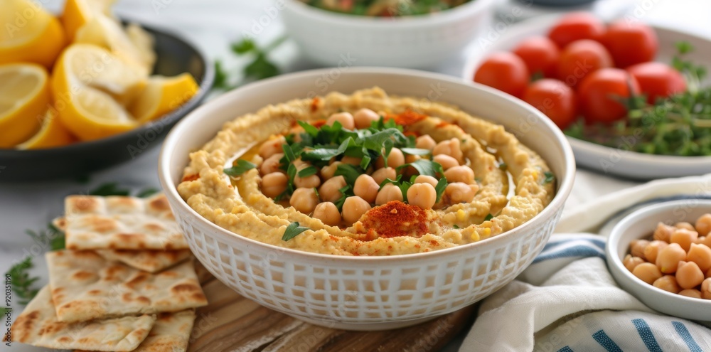Hummus with marinated thyme, presented vibrantly, is a healthy Mediterranean dip that combines rich flavors with fresh, aromatic herbs. Hummus with marinated thyme, presented vibrantly, is a healthy Mediterranean dip that combines rich flavors with fresh, aromatic herbs.
