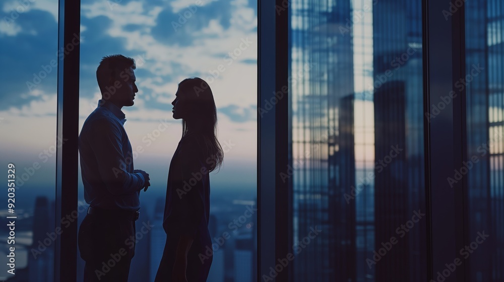 Silhouetted Indian Professionals in a Corporate Office Engaged in a Discussion at Dusk