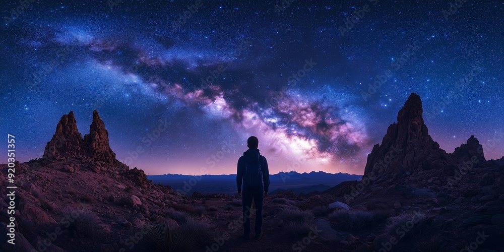Hiker's Silhouette Against a Majestic Milky Way, generative ai Hiker's Silhouette Against a Majestic Milky Way, generative ai